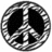 Circular grayscale icon with a pixelated peace symbol at center, surrounded by concentric rings of alternating light and dark pixels.