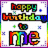 Pixelated birthday-themed icon with rainbow text, a pink cake, and heart-shaped balloons on a white background.