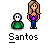 Pixel art of two figures with a small green figure and a taller woman in purple top and blue pants, labeled 'Santos' below each pair.