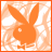 Pixelated orange bunny silhouette with long ears and a small bow tie on white background, framed by thin orange border.