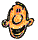 Pixelated cartoon character with orange-yellow face, black hair, and pink accents; left view shows open mouth while right view shows closed smile.