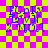 Pixelated text on a checkered background with animated light effects.