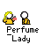 Pixel art of a yellow-haired figure in a yellow dress holding a pink perfume bottle, with a white spherical object, multiple speech bubbles, and text below.