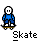 A 4x4 contact sheet of a pixel-art animated icon showing a stick figure performing skateboarding tricks on various ramps and obstacles, with the word "Skate" below each frame.