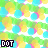Pixelated of repeating green-yellow-blue circular patterns with 'DOT' text in black, pink, yellow, and white lettering across six