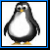 Pixelated penguin with black and white body, yellow beak and feet, standing on white background in four sequential poses.