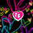 Pixelated heart-shaped icons with 'FE' text in pink, yellow, green, blue, and red on a black background with colorful abstract patterns.