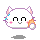 Pixelated white cat head with pink inner ears, blue cheek spots, and orange paw-like hand; four expressions show mouth changes from smile to neutral.