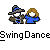 Animated contact sheet of 15 swing dance frames showing two pixel-art characters in blue outfits and hats performing synchronized movements against a gray background.