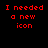 Red pixelated text on black background with gray rectangle, stating need for new icon and credit to friend Erin Ditro.