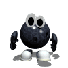 Animated black spherical character with white eyes, white feet, and black arms in various poses against white background.