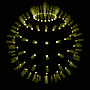 Five circular golden-yellow particle bursts on black background, each with central dot and radiating lines forming symmetrical star-like patterns.
