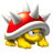 Pixelated character with yellow body, gray spiked shell, red and white striped top, and single visible eye.