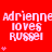 Red background with repeated white text 'Adrienne loves Russel' and pink heart symbols in a pattern