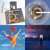 A static image divided into four quadrants showing a camera, a spiral, a dancing figure, and a person standing by water.
