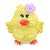 Pixelated yellow chick with red beak and feet, wearing a pink bow with blue center, standing against white background.