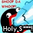 Animated pixel art of a black and red cartoon character with wide eyes and an open mouth against a light blue background with white streaks.