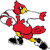 Pixelated red bird-like creature with yellow beak and feet, black eyes, gray limbs, and red wing-like appendages in dynamic pose against white background.