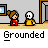 Animated contact sheet showing 25 sampled frames of a pixel art animation featuring two characters in a room with doors and framed pictures, displaying sequential movement and text changes.