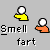 Pixelated character with white head and yellow/orange hands holding a green leaf, paired with 'Smell' and 'fart' text below.