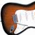 Brown and white electric guitar with black pickguard, light wood neck, headstock with tuning pegs visible.