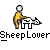 Pixelated figure in yellow outfit bends over white sheep-like creature with black-and-white patterned head, text below reads "SheepLower" in blocky font.