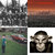 A static image divided into four quadrants showing a grayscale cityscape, sunset sky, landscape with figures, and a pixelated face.