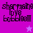 Pixelated text 'sharmine loves bobbie' on purple background with star symbols, two color variations of the same design.