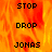 Pixelated text 'STOP', 'DROP', 'JONAS' repeats on fiery orange-yellow background with gray section on right.