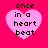 Four pink heart-shaped icons with black text reading 'once in a heartbeat' on a bright pink background, arranged in a