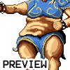 Pixel art character in blue and gold attire with muscular build, arms extended, wearing wristbands, standing against white background.