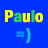 Two side-by-side animated frames of a pixelated text-based icon showing "Paulo" with alternating yellow and green letter colors above a blue smiley face on a solid blue background.