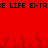 Red background with black pixelated text repeating 'LIFE EXTR' and red flame shapes at the bottom.