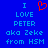 Blue background with light blue pixelated text reading "I LOVE PETER aka Zeke from HSM" and a red pixelated heart symbol above the text.