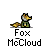 A pixelated fox character in green clothing holding a brown object, with 'Fox McCloud' text below; animation shows the fox's blue gun emitting red muzzle flashes.