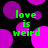 Green text 'love is weird' repeated over a black background with purple and magenta circles, static image.