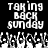 Pixelated text reads "TAKING BACK SUNDAY" in three lines above a of abstract shapes on black background