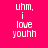 Pixelated text on a bright pink background reads 'uhm, i love youhh' in white letters with slight variations between