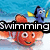 Animated pixel art of orange clownfish and blue tang fish with changing text overlays reading 'Swimming', 'is', and 'Life!' against a blue water background.