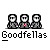 Pixelated red banner with jagged bottom edge displays evolving text above 'Goodfellas' label, transitioning from three figures to single letter G.