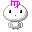 Four pixelated white figures with black eyes and small mouths, each with a pink symbol on their head, arranged in a on a gray background