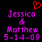 Pixelated text displays 'Jessica & Matthew 5-14-09' in purple with a red heart above, on black background.