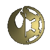 Golden circular icon with cutout patterns showing multiple views of a 3D object rotating against gray background.