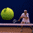 Pixelated tennis scene with two players on a court, one hitting a ball while text fragments appear around the edges.