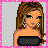 Pixelated character with long brown hair, blue eyes, and a black strapless top, holding a pink leash, with pink pants and a pink dress with a white star.