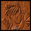 Wood-carved style illustration of a character with spiky hair holding a sword, next to text listing name and series details.
