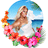 Pixelated circular icon showing a woman in a white bikini top lying on her back with arms raised, surrounded by pink and red flowers against a blue sky background.
