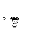 Pixel-art girl with pigtails in a dress, various poses with heart symbols and repeated text below.