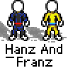Pixel art contact sheet of six animated frames showing two stick-figure characters in blue/yellow outfits performing various poses with text "Hanz And Franz" below each frame.
