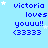 Blue background with repeated text 'victoria loves youuu!! <33333' in blue pixelated font, scattered white stars, and a gray rectangle in bottom-right corner.